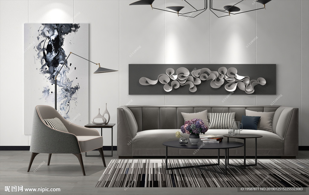现代沙发背景集成墙面模型效果图