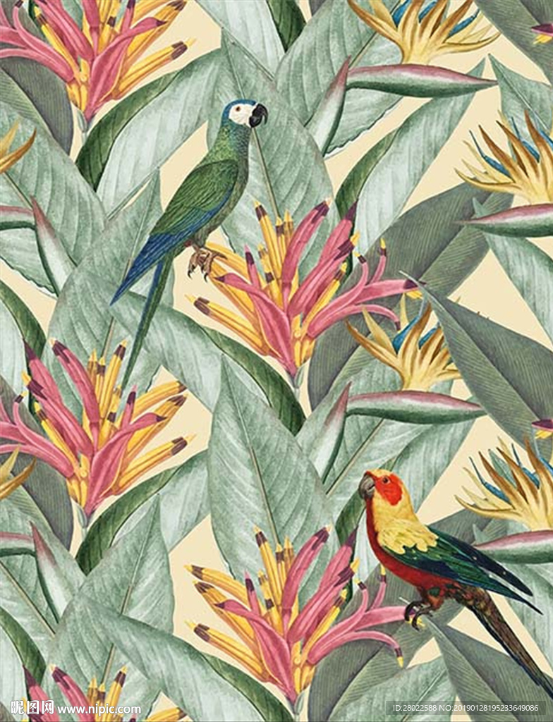 手绘热带植物天堂鸟花小鸟图案素