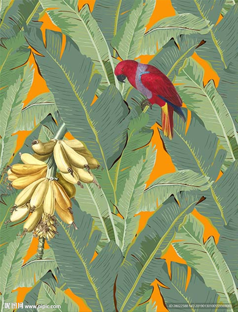 手绘热带植物芭蕉树芭蕉鸟印花图