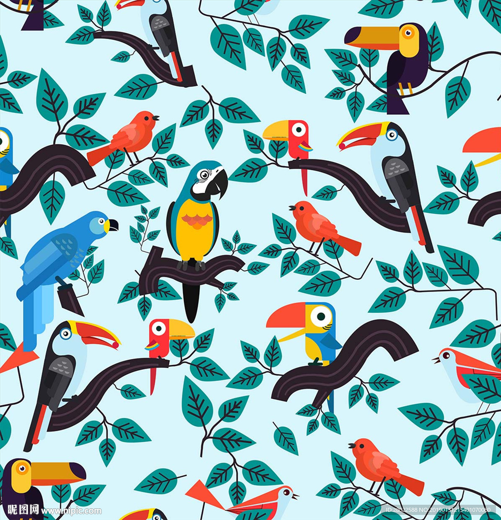 手绘各种小鸟抽象鸟服装印花图案