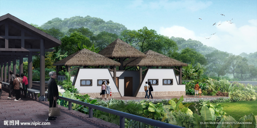 农家乐 古建厕所设计 稻田景观