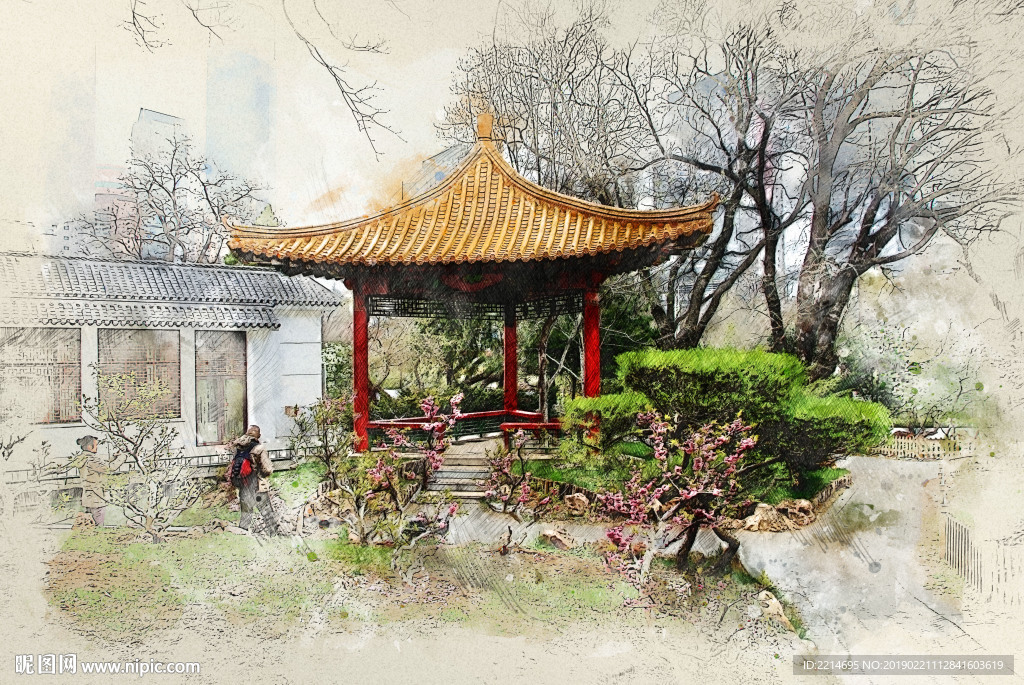 大連勞動(dòng)公園園中園手繪無(wú)框畫(huà)