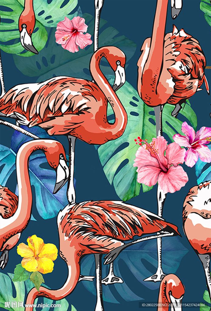 手绘热带植物火烈鸟花卉图案素材