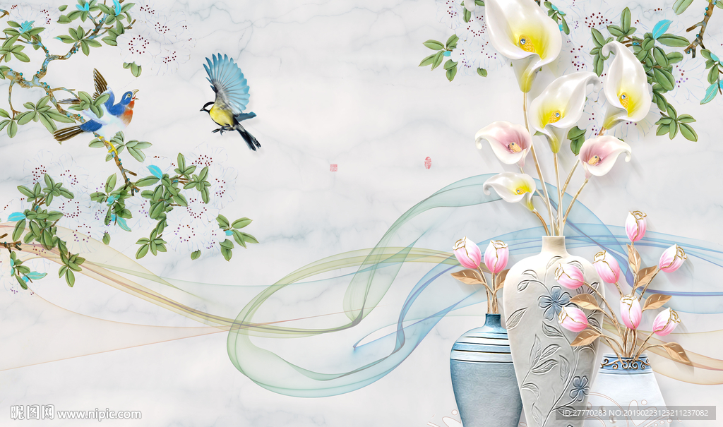 浮雕花瓶花鸟背景墙