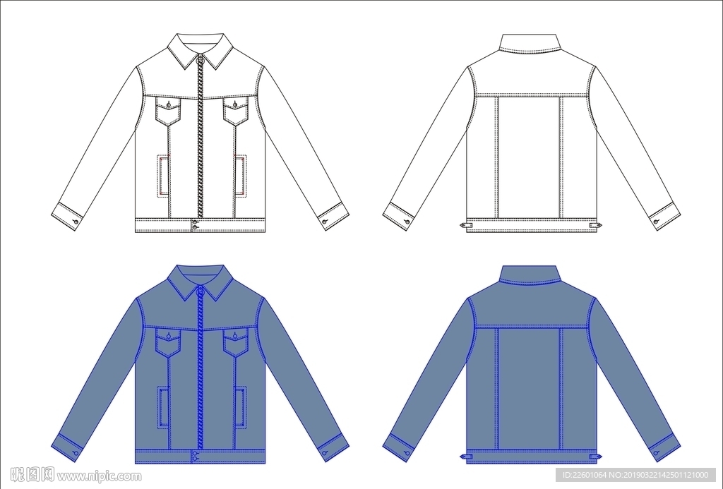 拉链款牛仔外套款式图模板cdr设计图__生活用品_生活百科_设计图库_昵