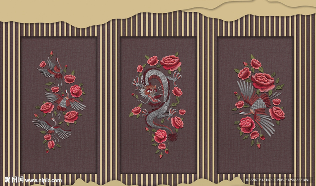 创意唯美传统刺绣仙鹤龙背景墙