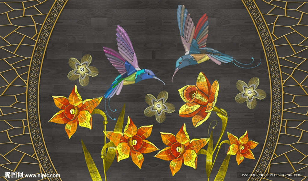 传统手艺刺绣花卉鸟儿背景墙
