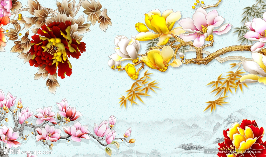 中式水墨富贵花背景墙
