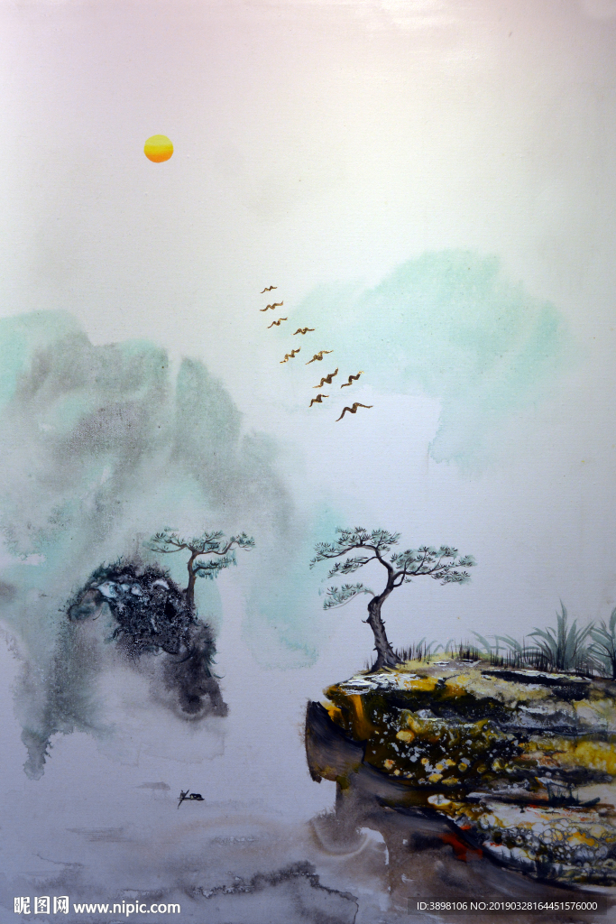 油画新中式山水飞鸟客厅装饰画