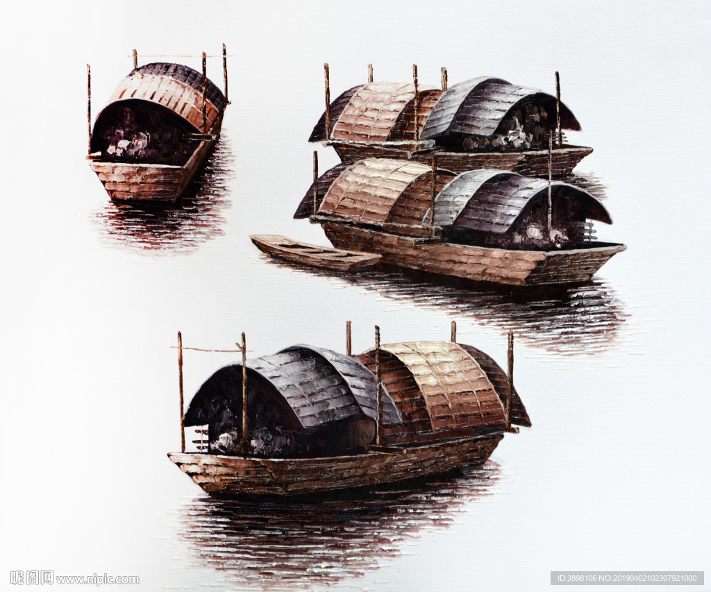 艺术油画湖面渔船装饰画