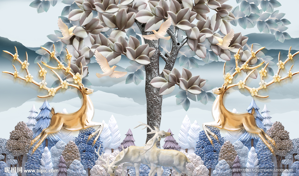 北欧山水3D树林麋鹿浮雕背景墙