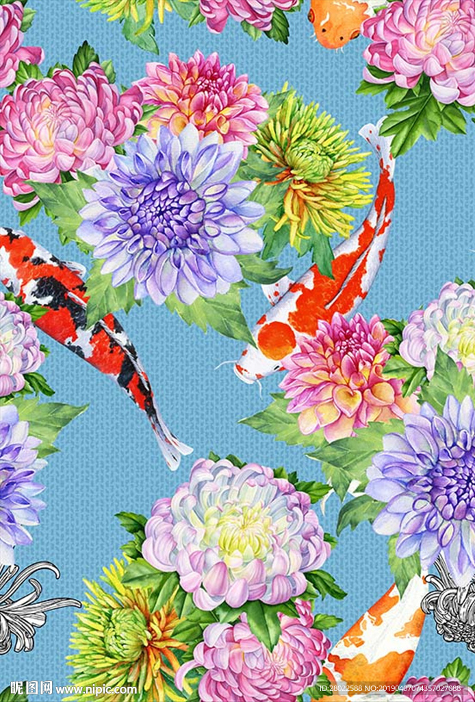 手绘菊花花卉锦锂鱼服装图案