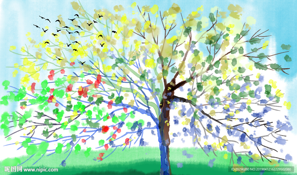 现代彩色生命树抽象树油画背景墙