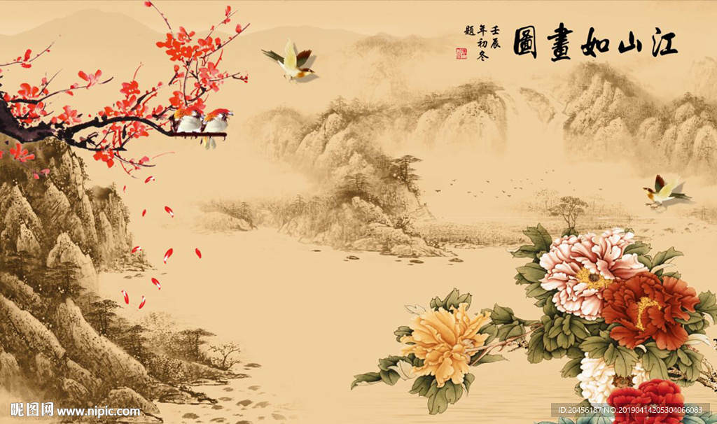新款中式江山如画牡丹背景墙