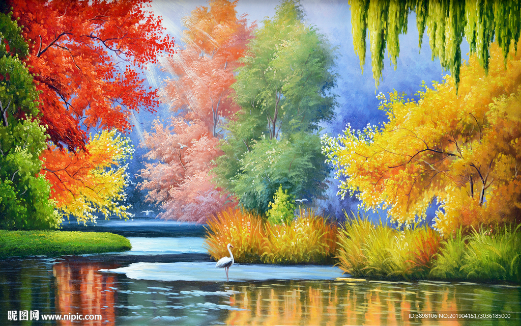 手绘秋季湖面风景背景墙