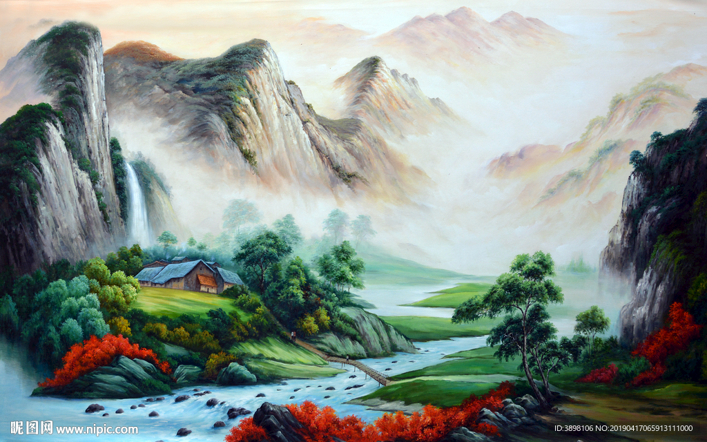 手绘油画大型山水背景墙