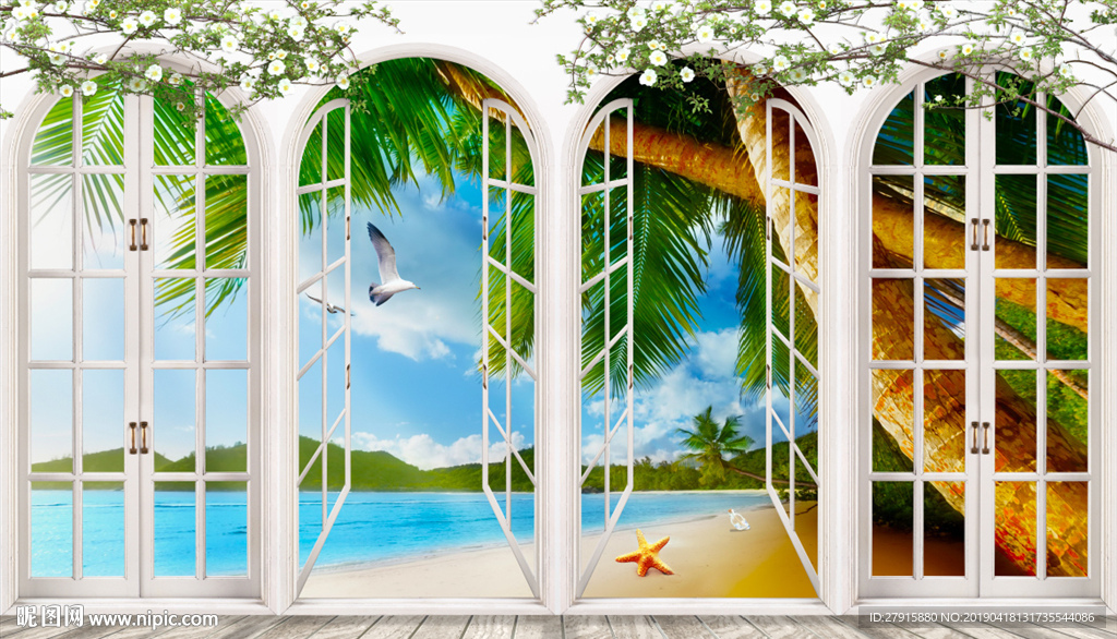 3D窗外大海椰树海鸥背景墙