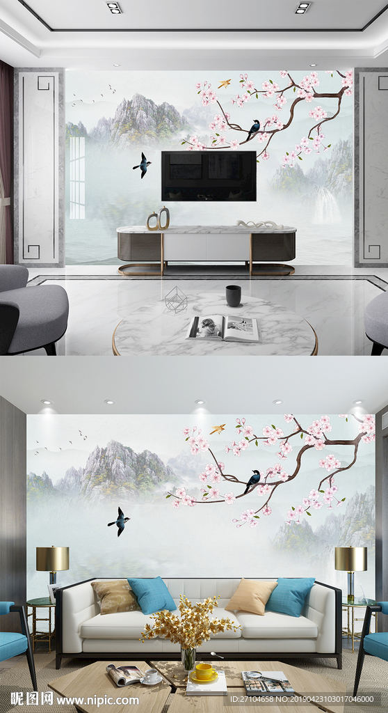 新中式山水花鸟画背景墙