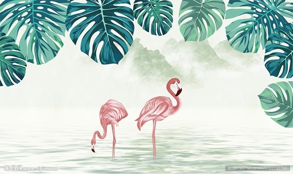 水彩火烈鸟热带椰子树