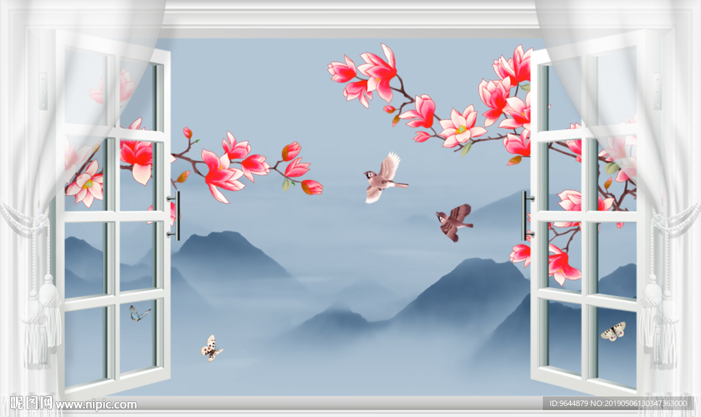 3D立体新中式花鸟窗外风景壁画