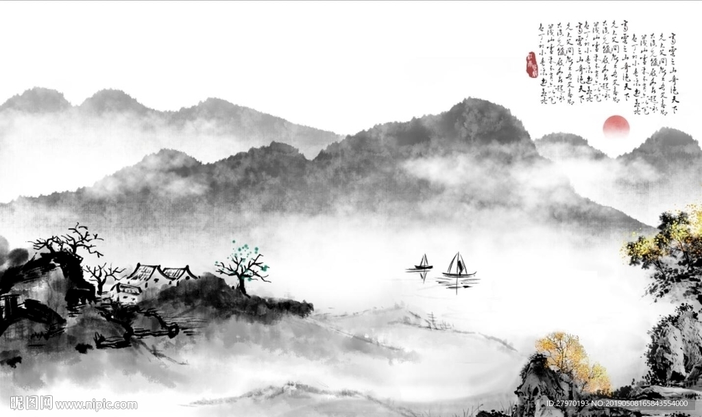 新中式水墨山水背景墻