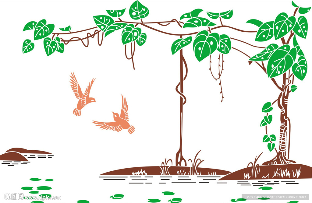 硅藻泥风景画绿藤小河荷叶燕子鸟