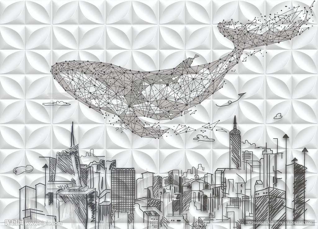 北欧简约时尚线条城市海豚背景墙