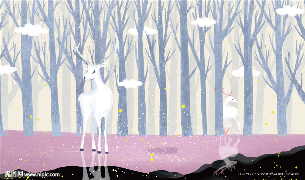 北欧梦幻森林手绘麋鹿背景墙壁画