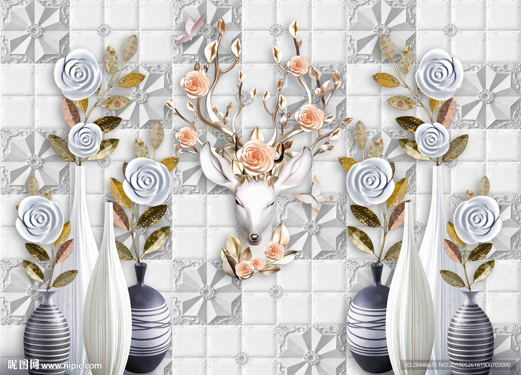 3D浮雕花朵花瓶立体背景墙