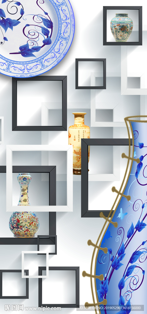 新中式花瓶立体方格玄关装饰画