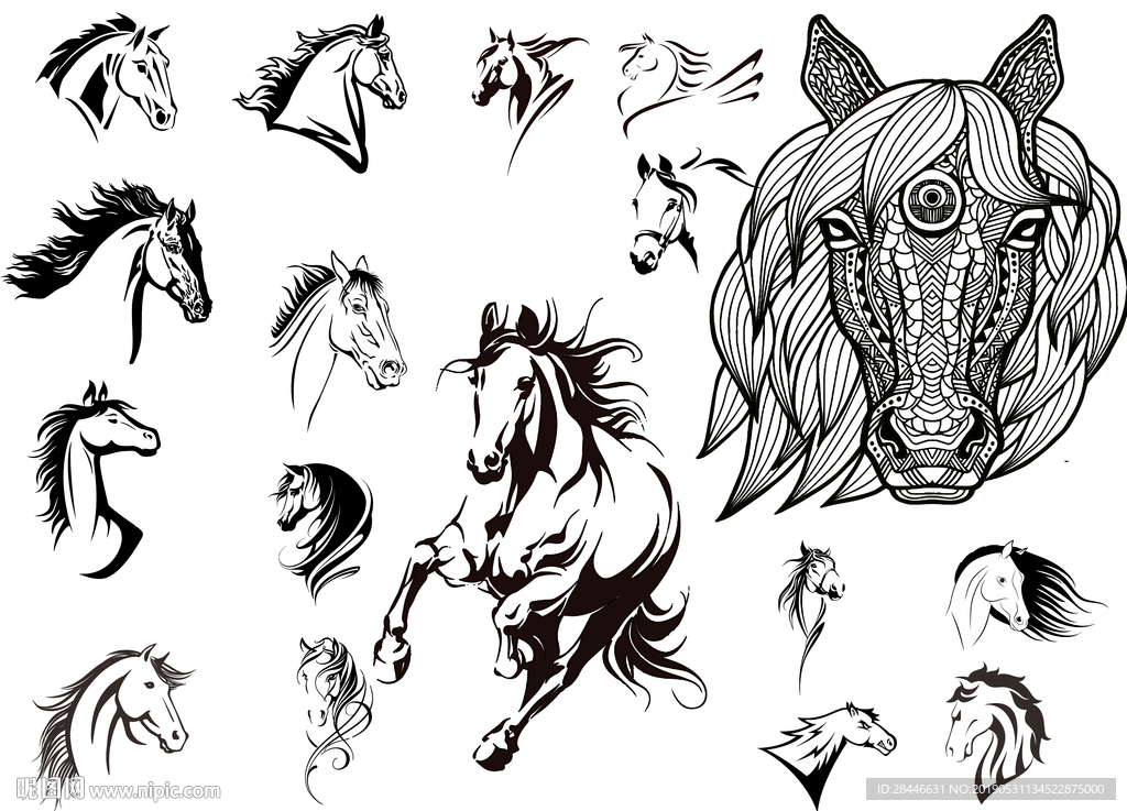 手绘动物马头设计元素图案
