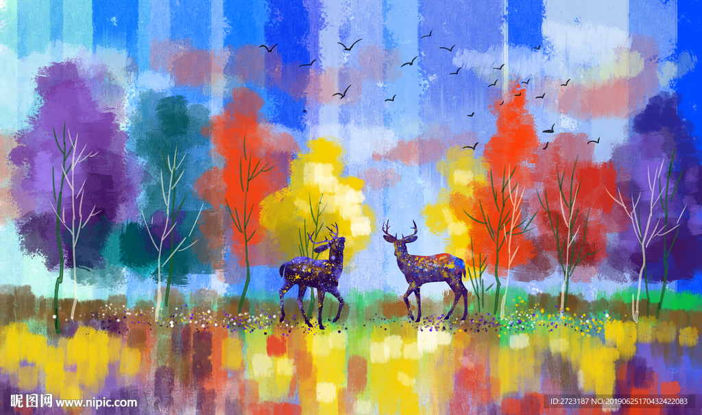 抽象水彩画麋鹿森林油画背景墙
