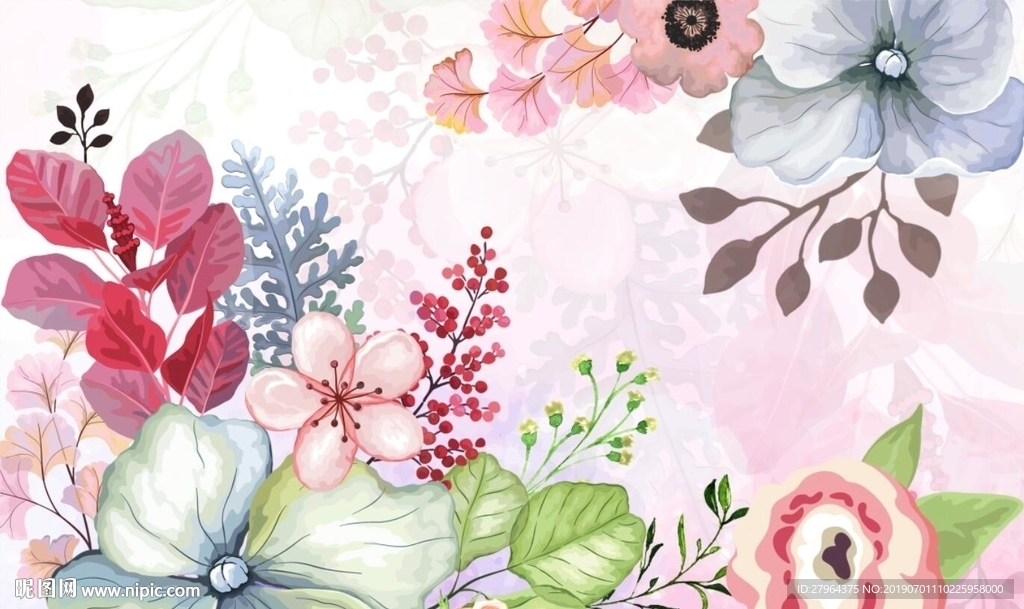 现代唯美简约手绘水彩花卉背景墙