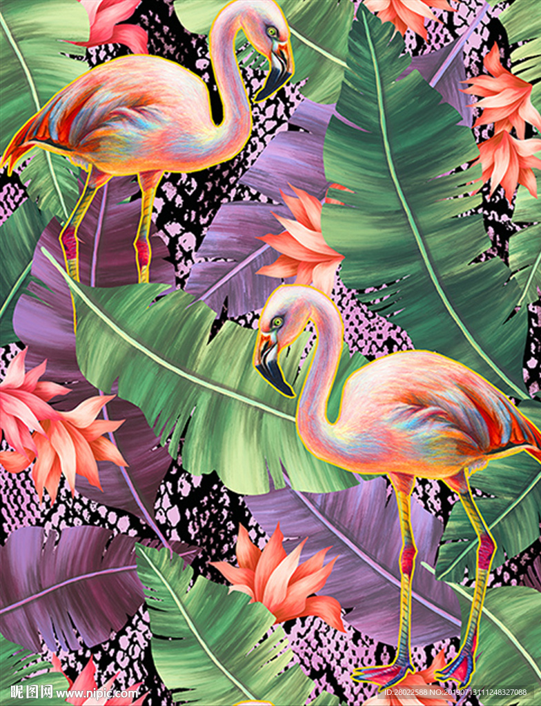 手绘热带植物芭蕉叶火烈鸟服装印