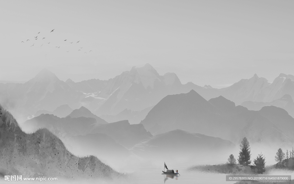 中国风灰色山水壁画 TIF分层