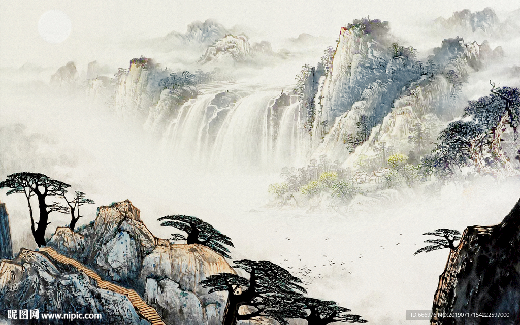 新中式手绘山水画背景墙