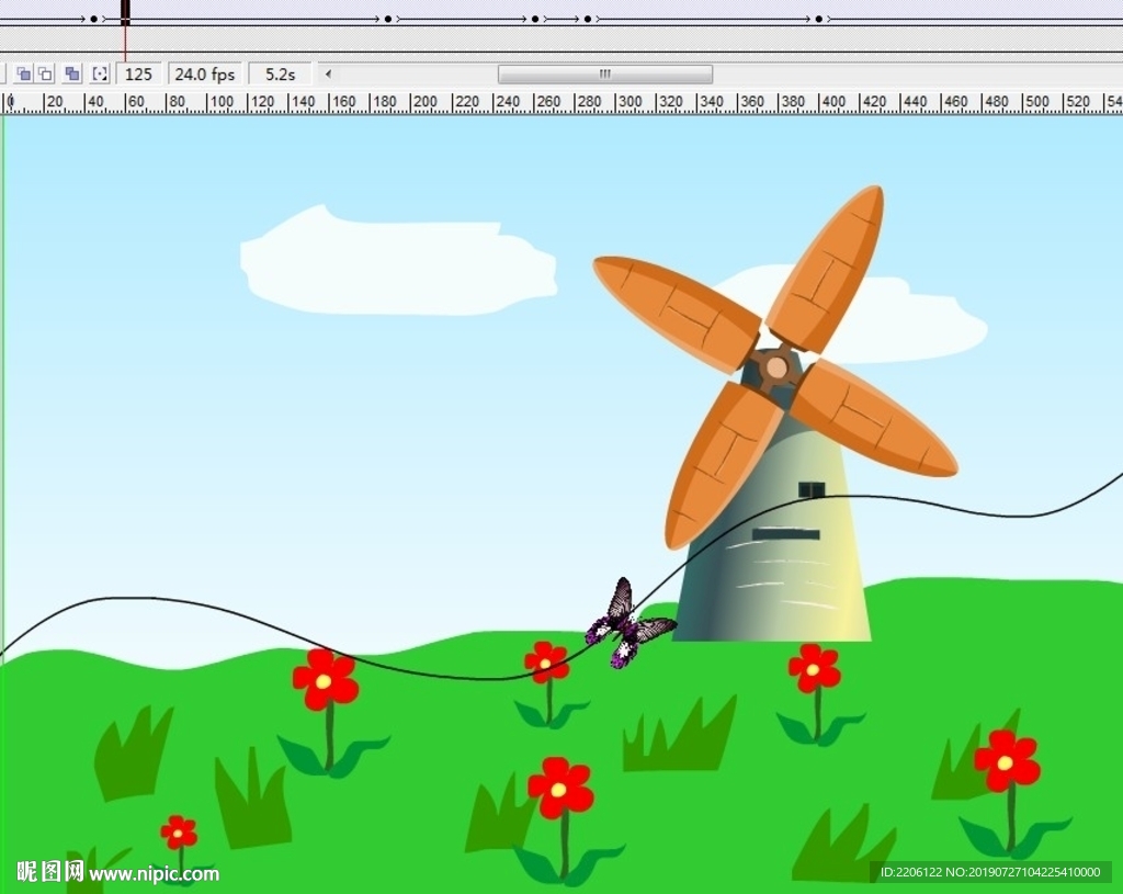蝴蝶风车和开花的草地10秒动画