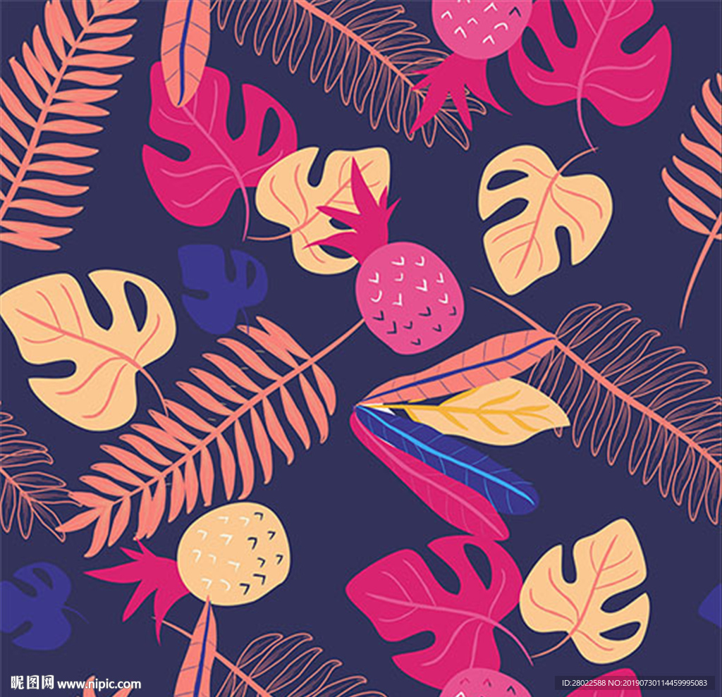 手绘热带植物彩色树叶印花图案
