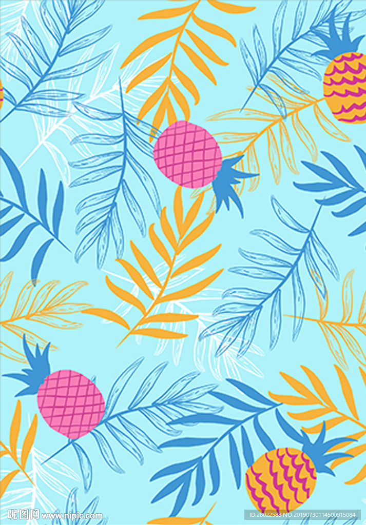 手绘热带植物菠萝服装印花图案