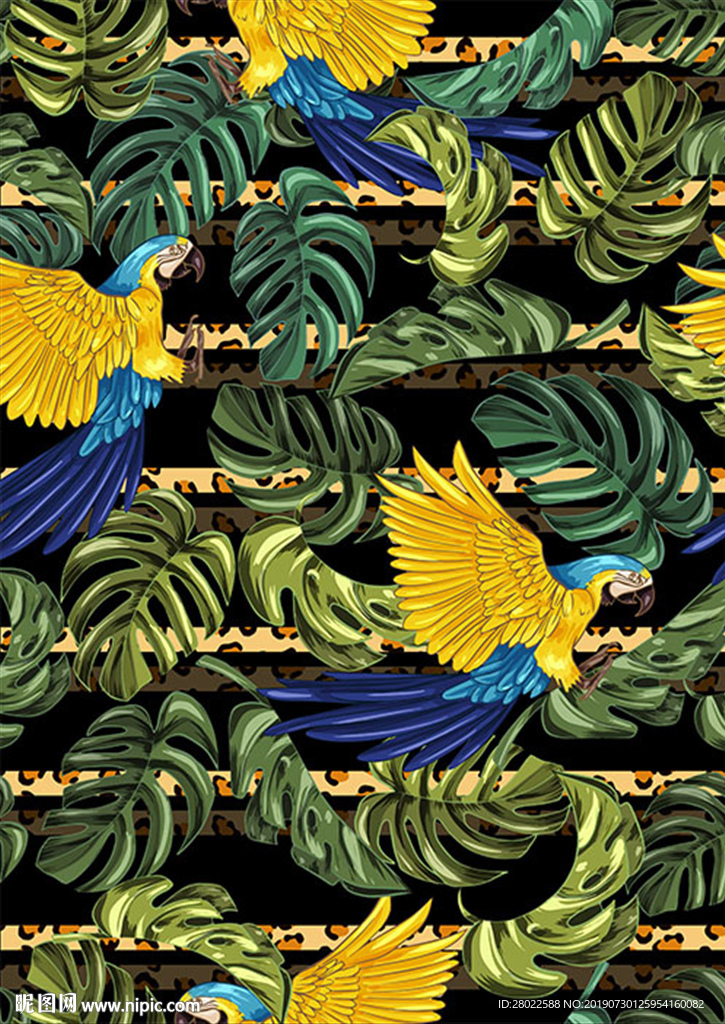 手绘热带植物鸟豹纹印花图案素材