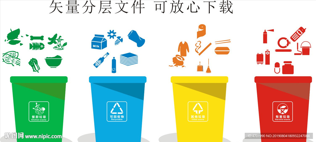 彩色垃圾桶 垃圾分类图标