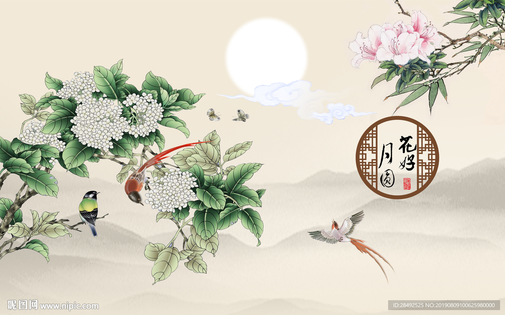中式古典花鸟电视背景墙