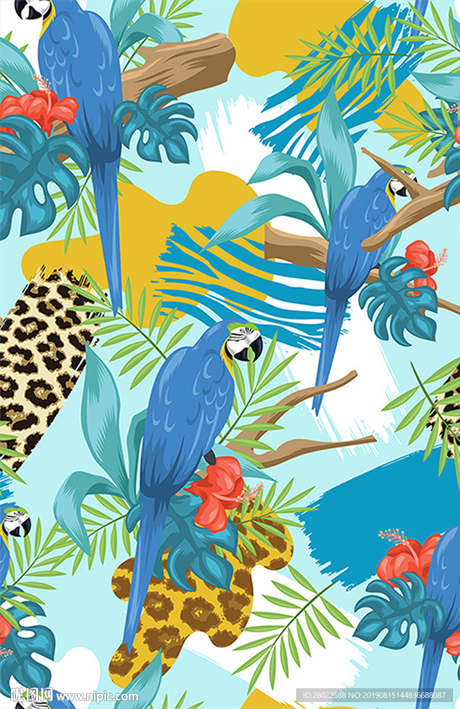 手绘热带植物花鸟豹纹服装图案