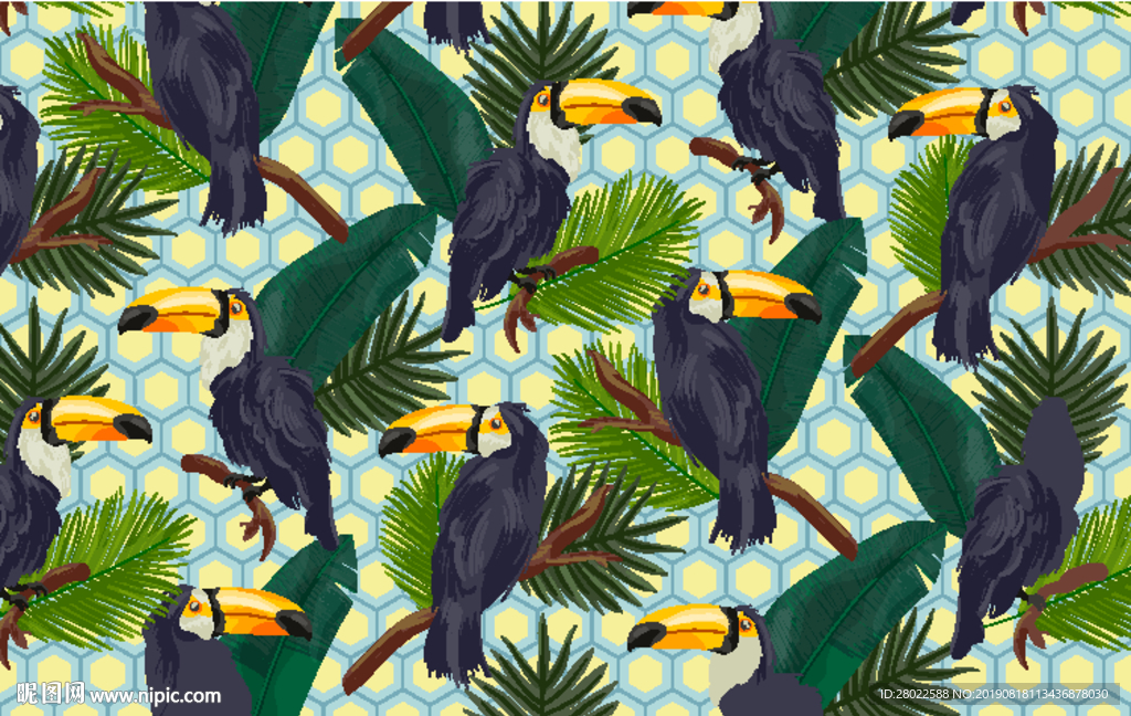 手绘热带植物鸟服装印花图案