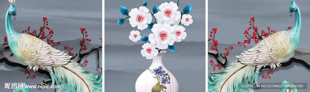 中式立体浮雕蓝孔雀花瓶画