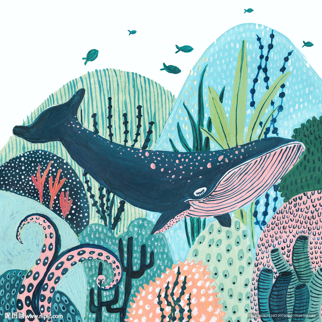鲸鱼海底手绘插画水彩创意装饰画