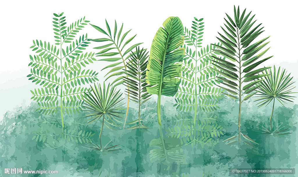 3d手绘北欧油画植物绿叶壁纸