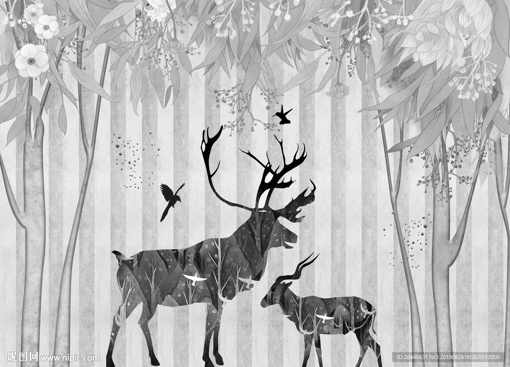 北欧简约时尚树林麋鹿背景墙