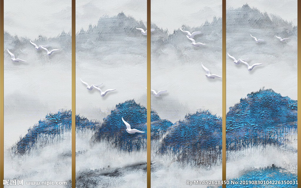 新中式手绘山水飞鸟拼接效果背景