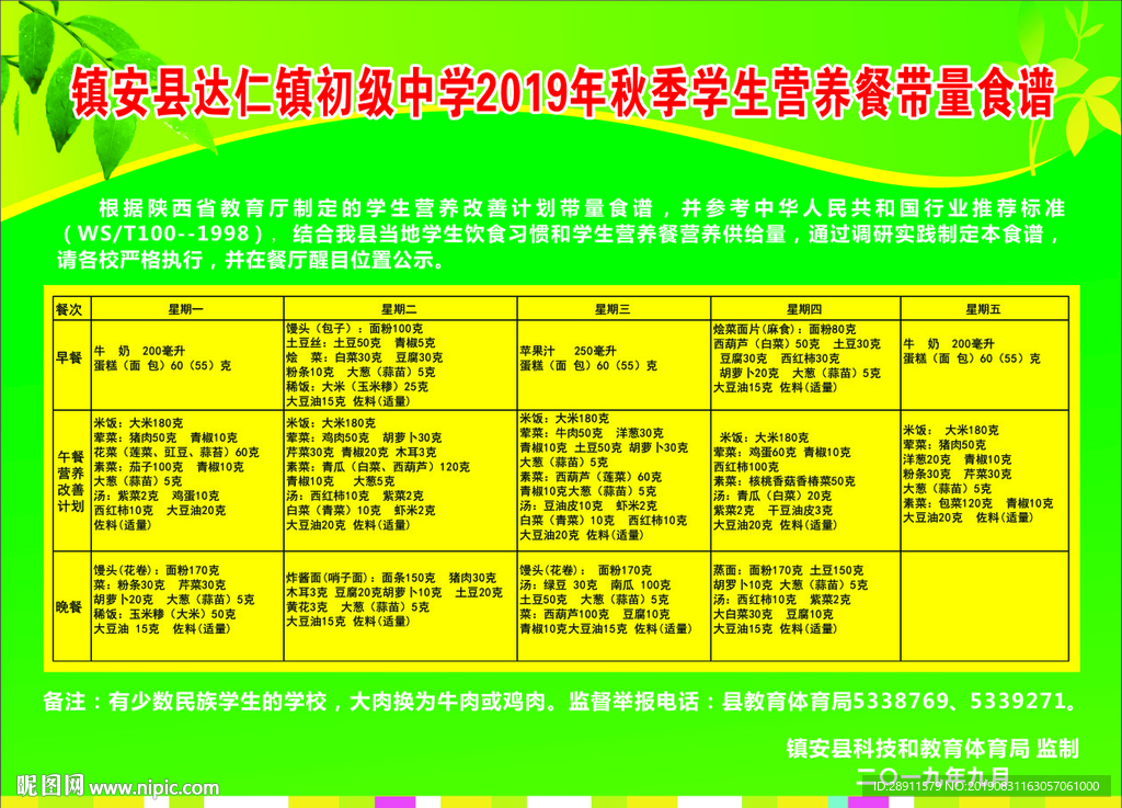 秋季學(xué)生營(yíng)養(yǎng)餐帶量食譜